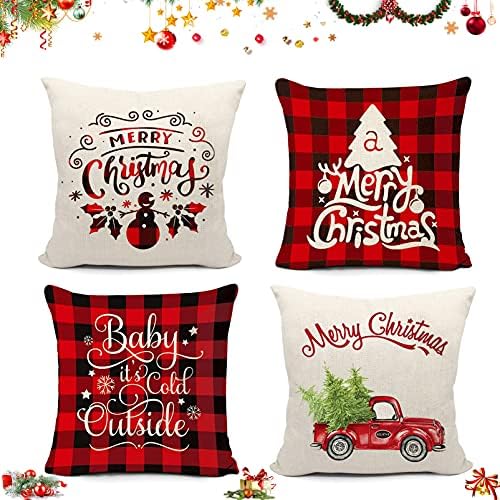 BINXWA Pack of 4 Christmas Cushion Covers, Merry Christmas, Red