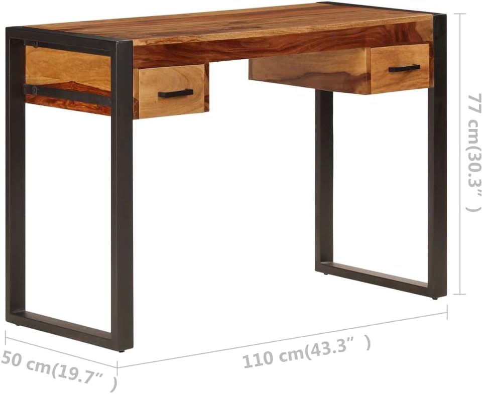 vidaXL Solid Wood Desk - Industrial Style Writing Desk with 2 Drawers, Durable Steel Frame, Multifunctional Home Office Furniture, 43.3"x19.7"x30.3"