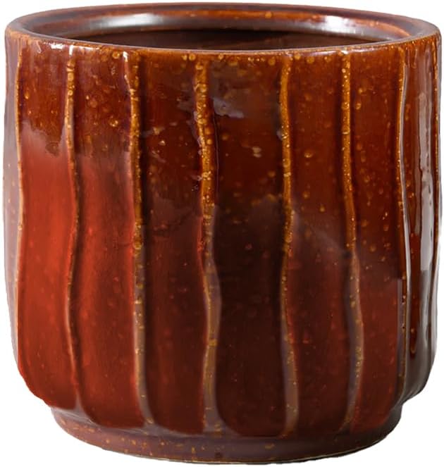Serene Spaces Living Ribbed Amber Brown Planter - Indoor Ceramic Plant Pot, Modern Decorative Container for Houseplants & Herbs (No Drainage) 5.5" Diameter (4.8" Opening) & 5.25" Tall