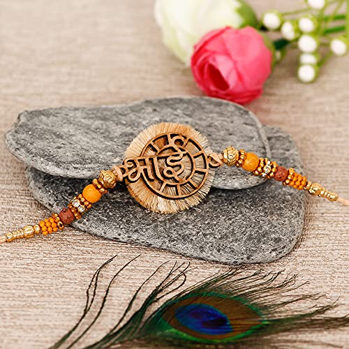 Image of eCraftIndia Peacock Designer Rakhi for Brother with Roli Chawal Pack | Mor Pankh Rakhi for Bhaiya Bhai