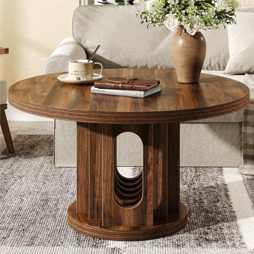 knoworld 31.5" Round Coffee Table, Small Wooden Circle Center Table Hole Panel Splice Design Coffee Tables for Living Room, Thickened Edge MDF Board, Walnut