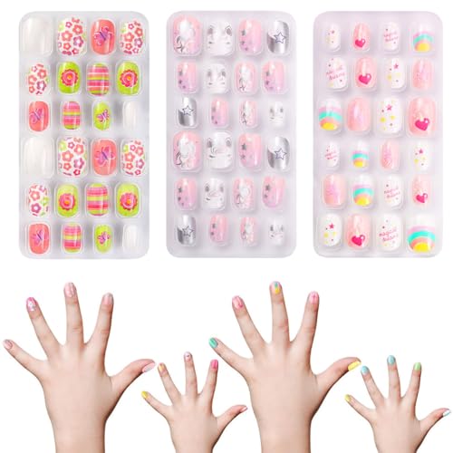 LICHUANUK 72 Uñas Postizas para Niñas Puntas de Uñas Postizas Cortas Niña Uñas Artificiales Postizas Uñas Falsas de Niños Decoración Uñas Niñas 3 Cajas Regalos para Niñas