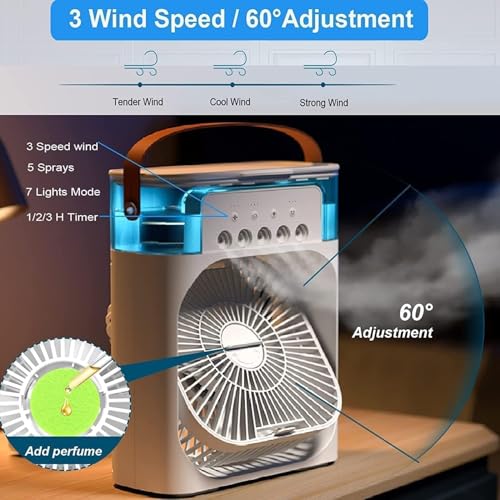 Image of Normalee Mini Portable Air Cooler with Water Spray | USB Powered, 3 Speed Desk Cooling Fan, 7 Color LED Light, For Home, Office, Bedroom & Travel