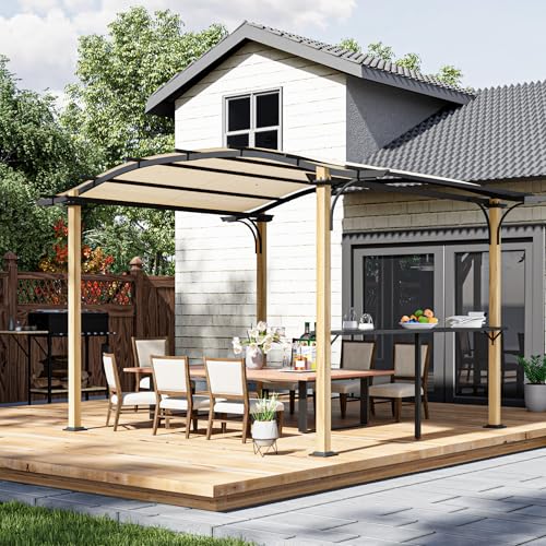 HAPPATIO 10' x 13' Arched Top Outdoor Pergola, Aluminum Frame Canopy with Bar Counter, Natural Wood-Like Frame Patio Pergola Shade for Patio, Backyard, Garden, Beige