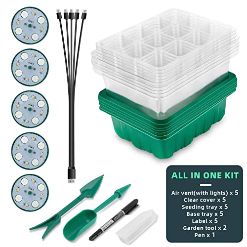 Roterstein (Upgraded Height) 5 Packs Seed Starter Trays With Grow Light, Seeding Starter Kits With Humidity Domes Covers Height 4", Indoor Gardening Plant Germination Trays For Seeds Starting Growing #TOP2