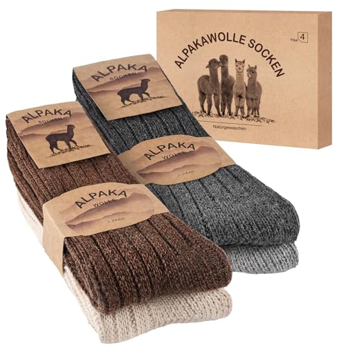 SukModen 4 Paar Alpaka Socken Herren Damen, Warme Wollsocken, Flauschige Thermosocken, Dicke Strick Wintersocken Mehrfarbig M