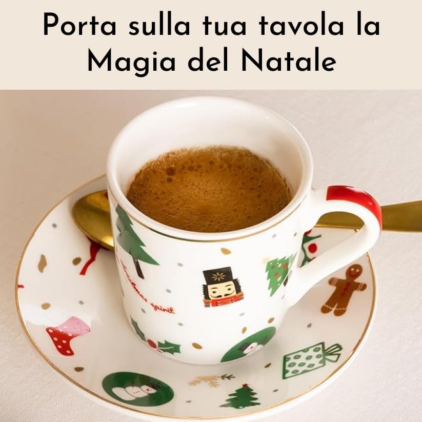 Tazzine Caffè, Set 6 Pezzi Fantasia del Natale in Porcellana con Piatto – Tazzine Caffè Particolari con Decorazioni Natalizie e Idea Regalo Natale per la Tavola delle Feste
