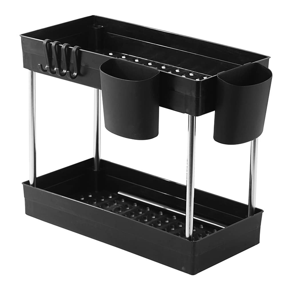 Scaffale a 2 ripiani con 4 ganci – Scaffale multifunzionale per cucina e bagno, ideale per nizing sotto il lavello piano di lavoro e armadi