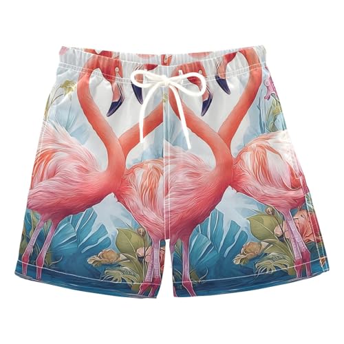 OREZI Boys Swim Trunk Two Pink Flamingo in Love with Flowers Bathing Suit Swim Shorts for Toddler Kids Teens