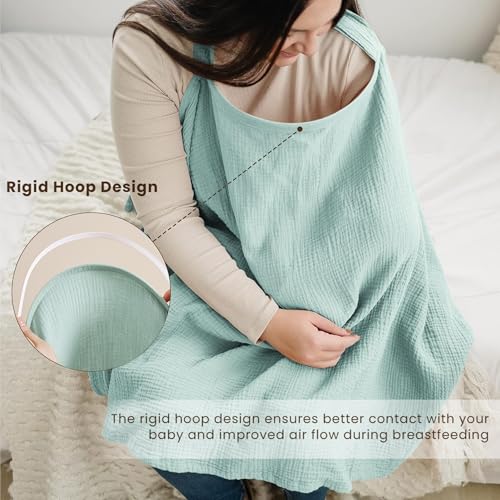 Image of Konssy Muslin Nursing Cover Up for Breastfeeding with Rigid Hoop | 100% Cotton Nursing Apron, Lightweight & Breathable, Carseat Canopy, Breast Feeding Covers for Women