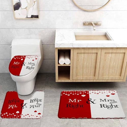 VPUPCN Valentine's Day 3 Pcs Bath Rugs Set,Mr Mrs Red White Heart Romantic Love Sweet Lover Couple Creative Bathroom Kitchen Rug with 17.8