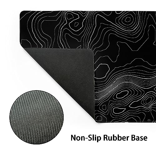 Toographic Contour Black Gaming Mouse Pad Xl Geographic Map Lines Extended Large Desk Cover Big Table Mat Non-Slip Rubber Base Stitched Edge Long Keyboard Playmat For Gamer,31.5×11.8 Inches #TOP2