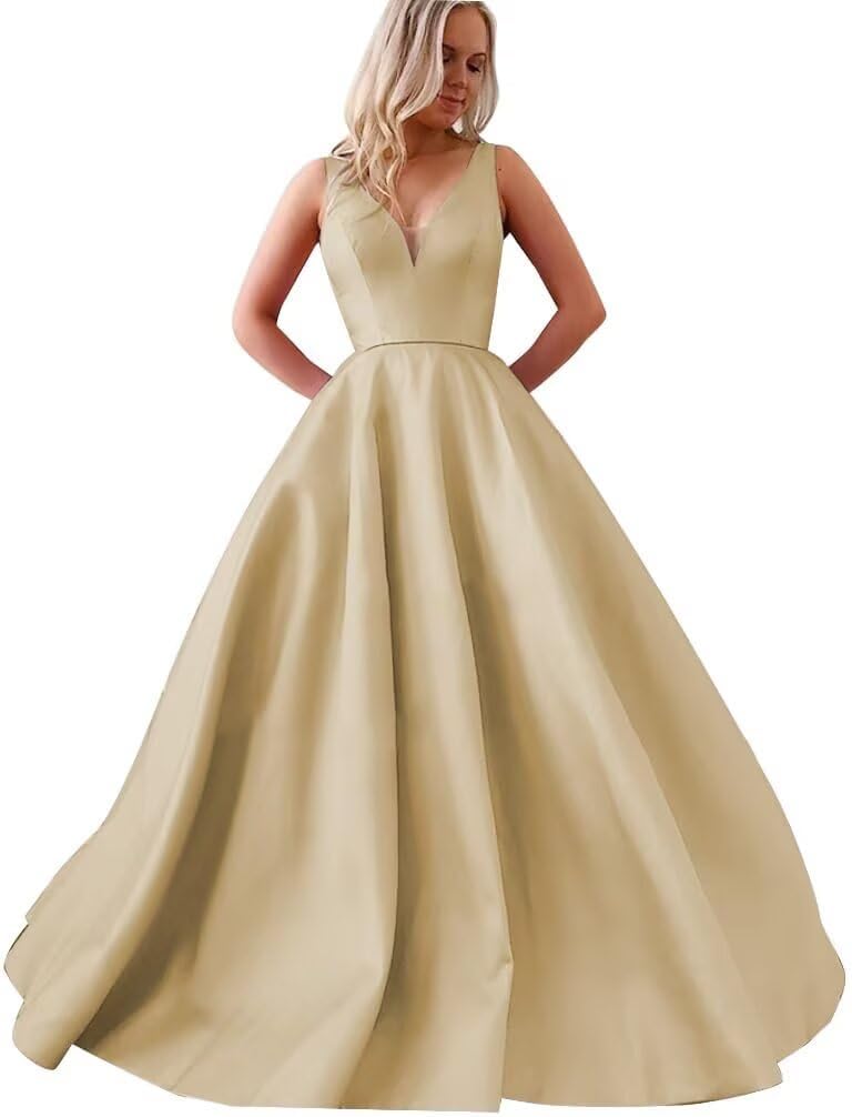 Satin A Line Wedding Dresses for Bride V Neck Prom Dresses with Pockets Simple Long Ball Gowns