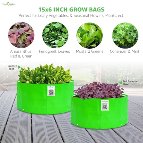 Image of Anandi Green's Premium HDPE Uv Protected 260 GSM Round Shaped Green Colour Plants Grow Bags Suitable for Terrace and Vegetable Gardening 15x6 Inch Pack of 4 Plant Bag