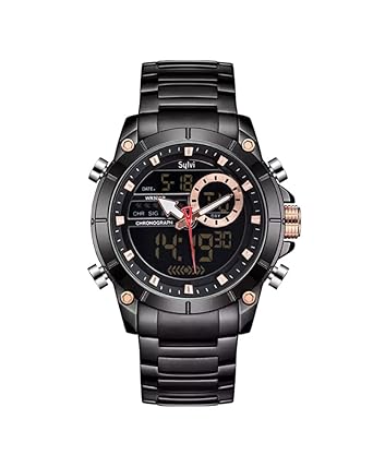 Sylvi Luxurious Formal Analog Digital Multi-Functional Casual Classy Stainless Steel Strap Water-Resistance Men's Wrist Watch with Date Display (8306)