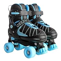 Adjustable Black & Blue Kids Roller Skates – Quad Skates with Carry Strap, Hook & Loop Fastener, PVC Wheels, Front Brake – Gift for Boys & Girls for Indoor & Outdoor Sports, UK Size 5-7