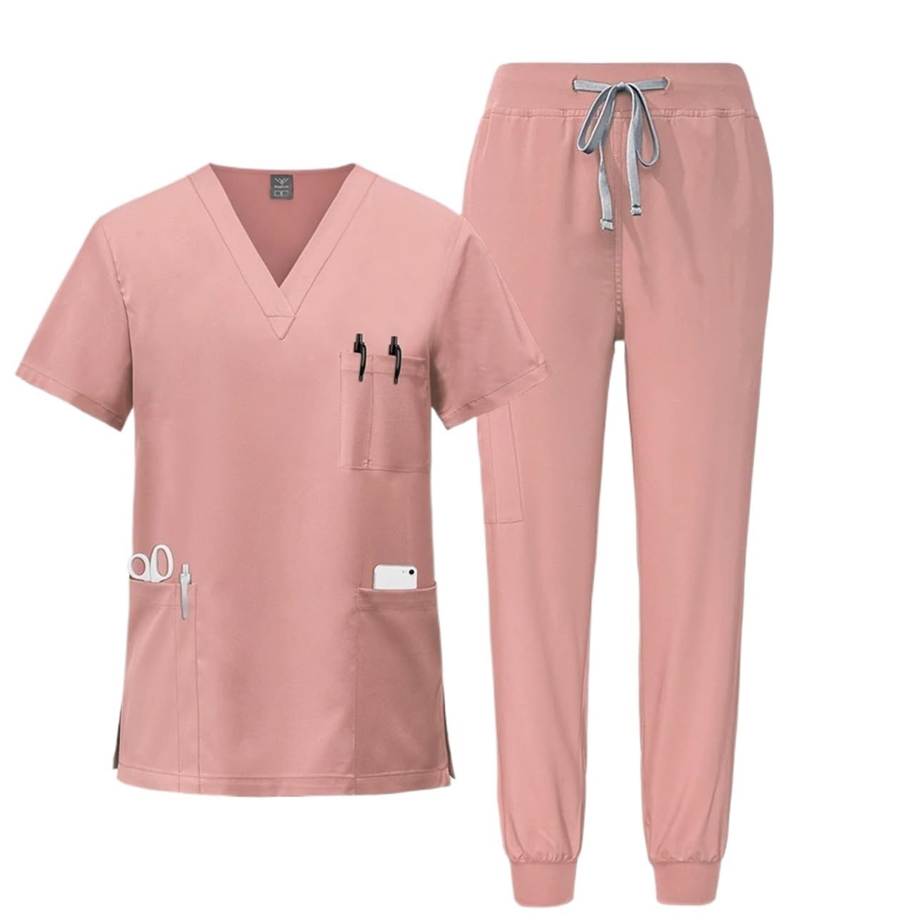 Uniforme Sanitario Unisex Uniformes médicos, Ropa de Trabajo enfermería, Camiseta con Cuello en V y Bolsillo, Pantalones Deportivos, Conjunto Uniforme quirúrgico clínico(Pink,XL)