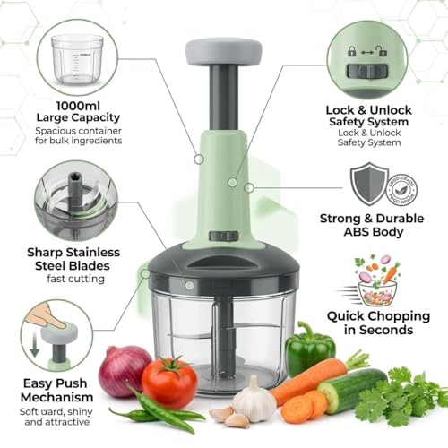 Image of Chopper for Kitchen Use 1000 ML, Push Chopper with 4 Blades, Vegetable Chopper Kitchen Items for Home Cutting Vegetables, Onion, Ginger, Garlic, Salad, Tomato, Potato Free Scrubber