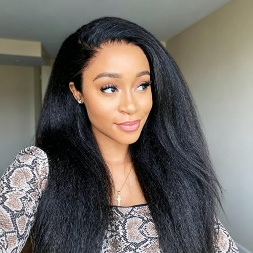 Looxey Kinky Straight Half Wig for Women, 3 in 1 Yaki Drawstring Glueless Synthetic Wig, No Lace Wear and Go Wig, Beginner Friendly Ready to Wear Wigs for Black Women