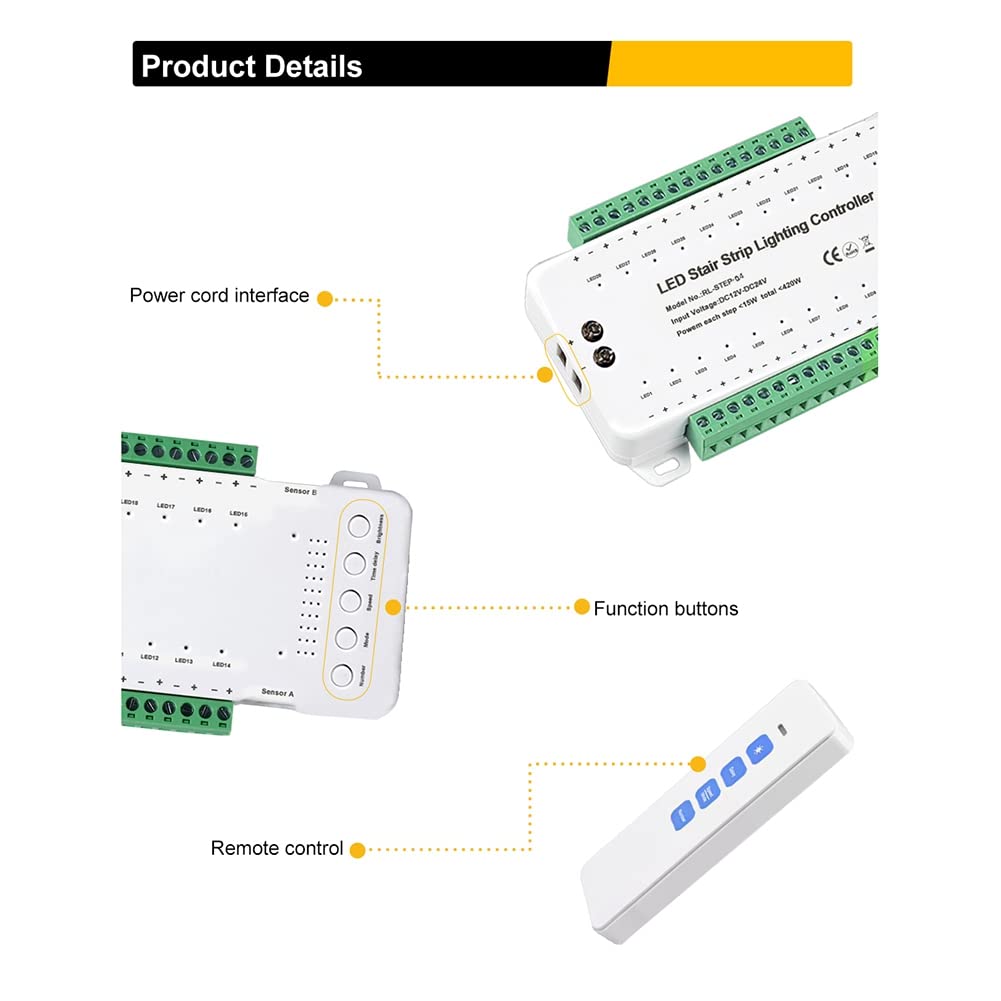 28 Stufen Treppenlichtregler mit Fernbedienung - Reaktive Beleuchtung - Treppenbeleuchtung System - Automatische LED Treppenbeleuchtung
