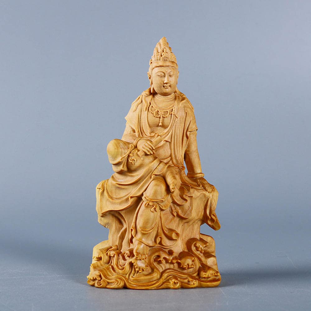 Statue Bouddha Guanyin en buis sculpté main pour salon chic
