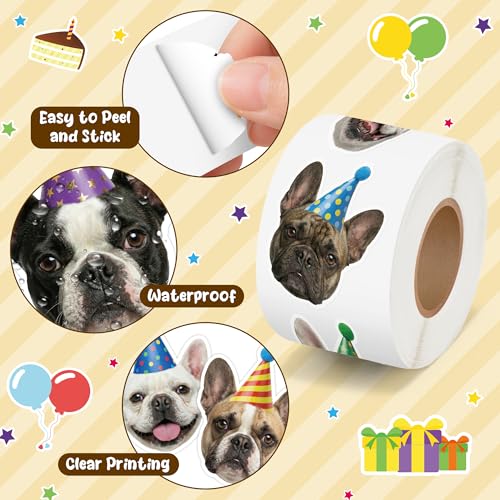 Image of Realistic French Bulldog Stickers - 1000 Pcs Bulldog Birthday Hat Design Waterproof Vinyl with Repositionable Adhesive for Pet Party Decorations Gift Wrapping Laptop Water Bottle DIY Crafts