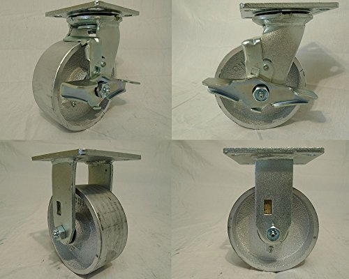 5" X 2" Swivel Casters Heavy Duty Semi-Steel Iron Wheel with Brake (2) and Rigid (2) 1000lb Each Tool Box