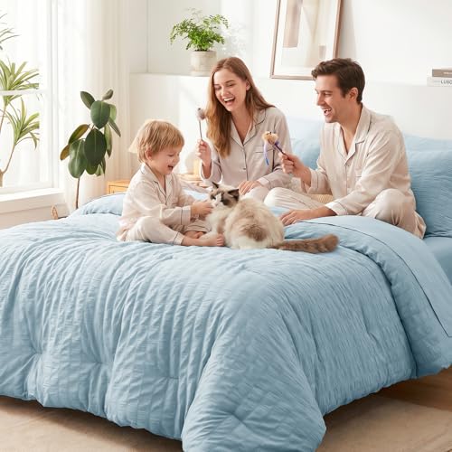 Image of CozyLux Oversized Queen Comforter Set with Sheets, 7 Pieces 98 inchx98 inch Light Blue Seersucker Bed in a Bag, Luxury Soft All-Season Bedding Sets with Down Alternative Comforter, Sheets, Pillowcases & Shams