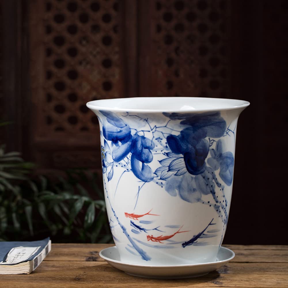 DFGHNBVC Ceramic Flower Pot Chinese Oriental Blue And White Ceramic Flower Plant Pots Indoor With Porcelain Saucer For Garden And Indoor,chinoiserie Flower Pot,A