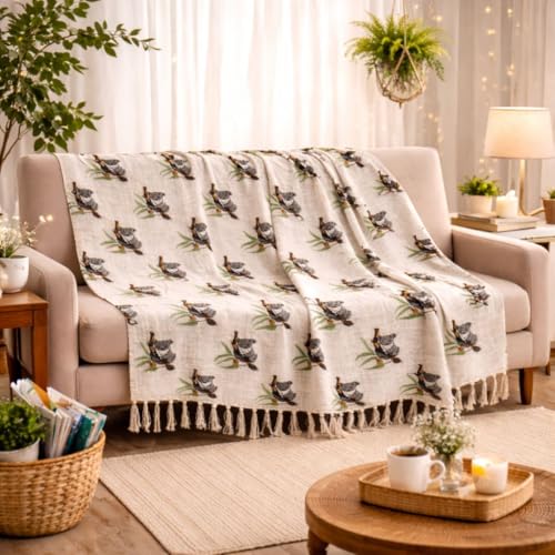 Image of Handblock Printed 100% Cotton 50x70 Inch Sofa Throw for Couch Breathable Lightweight & Decorative Living Room Blanket (Koala with Plant Print)