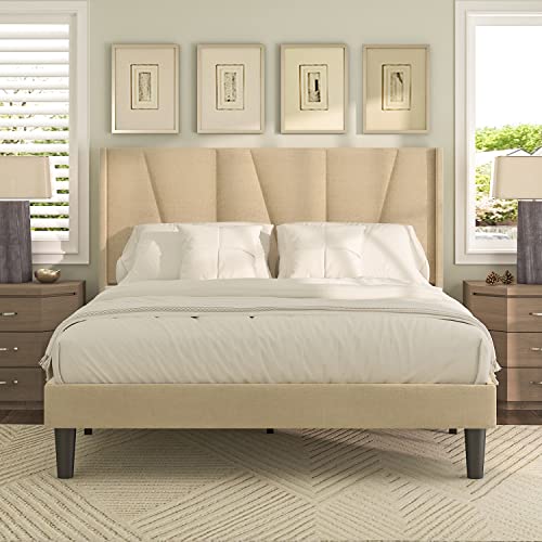 Imusee Queen Size Bed Frame With Geometric Wingback Headboard, Upholstered Platform With Wood Slats Support, No Box Spring Needed, Easy Assembly, Light Beige #TOP1