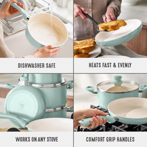 Image of GreenLife 16pc Ceramic Nonstick Pots & Pans Cookware Set, Mint Green | PFAS-Free Nonstick Coating, Stockpot, Frying Pans, Saucepan, Saute, Induction Ready, All Stovetop Compatible, Dishwasher Safe