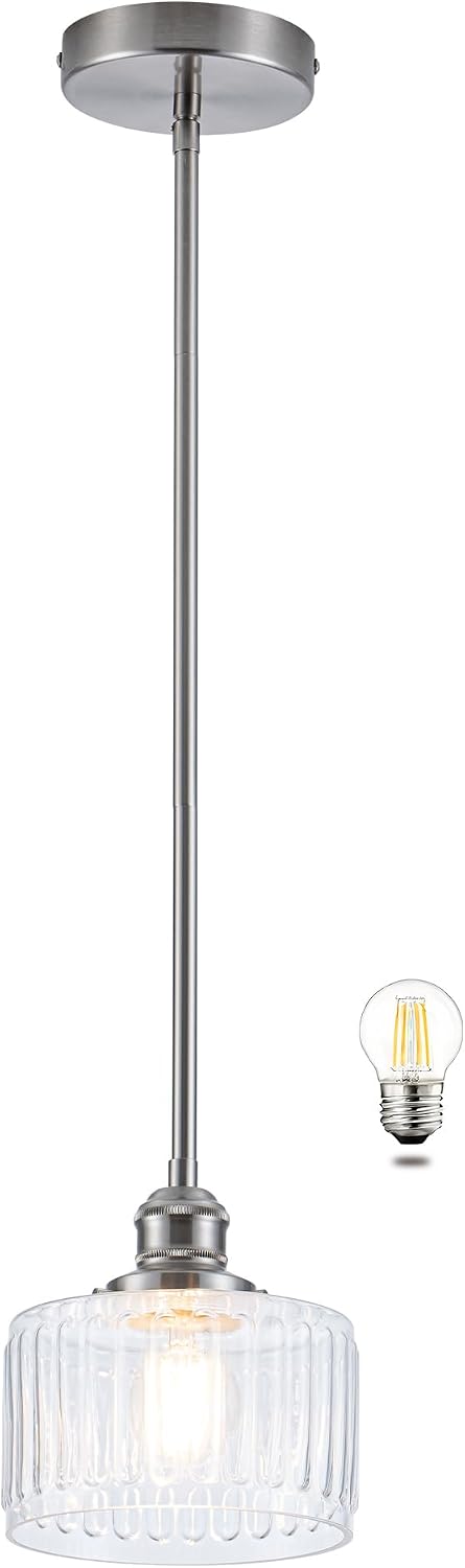 MAYNA 1 Pack Modern Pendant Light with Clear Striped Glass Lmapshade, Brushed Nickel Vintage Pendant Light Fixtures, Adjustable Hanging Light for Kitchen Island Dining Room Hallway（Bulb Included）