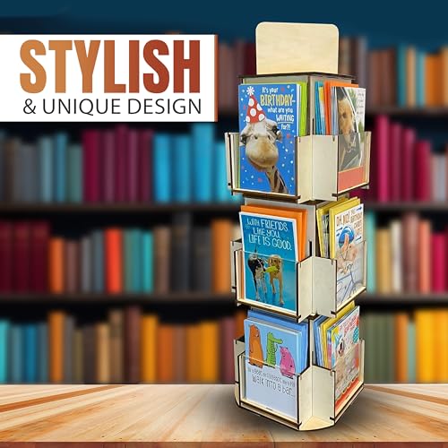 Rotating Greeting Card Display Stand, 3 Tier Wooden Organizer, 4-Sided Display Rack Spinning Multi-Pocket Display for Coasters, Stickers, Retail, Tradeshow - A4, A6, A7, 5\"x7\", 4 bar (Natural)