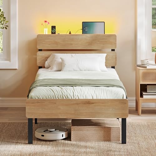 VASAGLE Single Metal Bed Frame 90 x 190 cm LED Lights USB and Type-C Ports Under-Bed Storage Space Industrial Style Easy Assembly Natural Brown RMB101K01