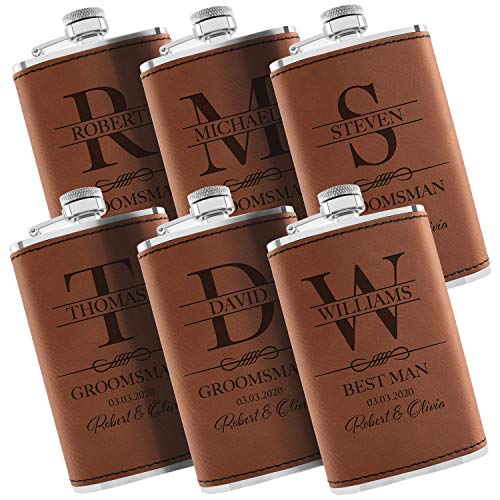 Personalized Hip Flasks Set of 6 - Engraved Leatherette 6 Oz, Best Man & Groomsmen Proposal Gifts, Wedding Party Favors - Chestnut #4
