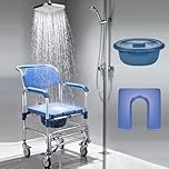 bimiti 4 in 1 Wheeled Commode Chair Mobile Toilet Chair Waterproof Shower Chair Bedside Commode Chair Toilet Seat with Moveable Potty Foldable Footrests for Elderly Disabled Pregnant