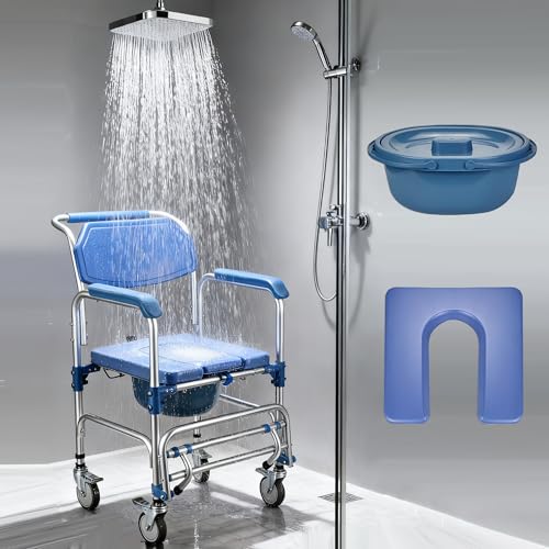 bimiti 4 in 1 Wheeled Commode Chair Mobile Toilet Chair Waterproof Shower Chair Bedside Commode Chair Toilet Seat with Moveable Potty Foldable Footrests for Elderly Disabled Pregnant