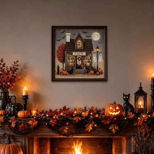 Image of Halloween Cross Stitch Stamped Kits for Adults Beginners, Horror Embroidery | Halloween House Embroidery Kits, Full Line DIY Stitching Kit, 11 CT Needlepoint Patterns for Home Decor 15x15 Inch