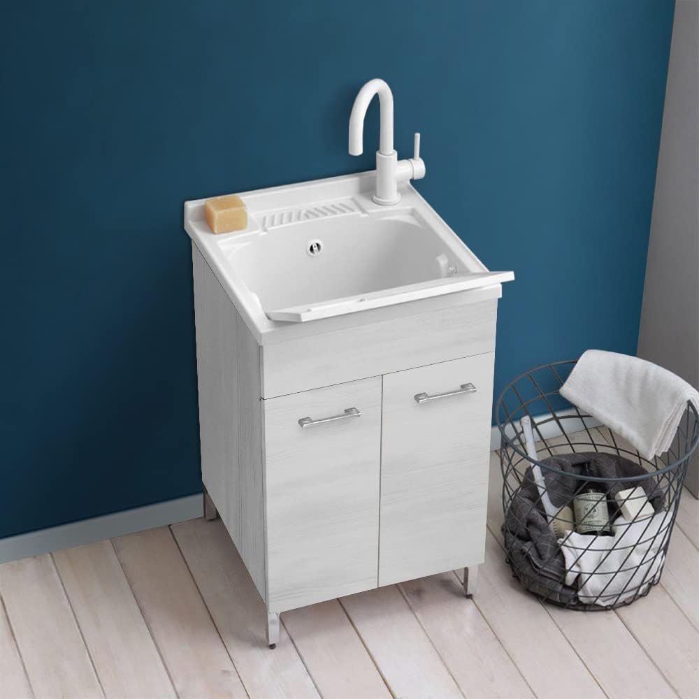 Mobile Lavanderia Con Vasca In Ceramica - Legno, 60x50 Cm, Bianco | Completo Di Sifone E Piletta - Foto 9