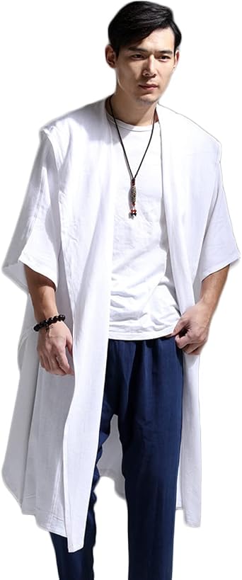 Ystylee Mens Linen Shawl Collar Hooded Kimono Robe Jacket Bat-wing Shirt Casual Open Front Long Cardigan Coat Outwear