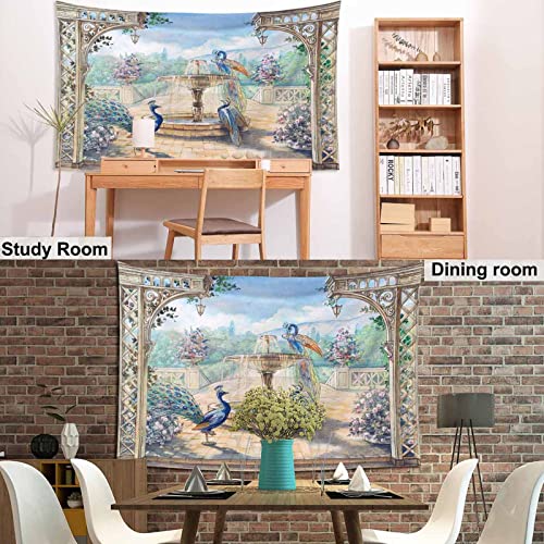 Pznen Peacock In Garden Tapestries Large Size 80X60 Inch Three Peacock Birds In Medieval Villa Garden Tapestry For Bedroom Aesthetic Home Living Room College Dorm Wall Tapestry #TOP2