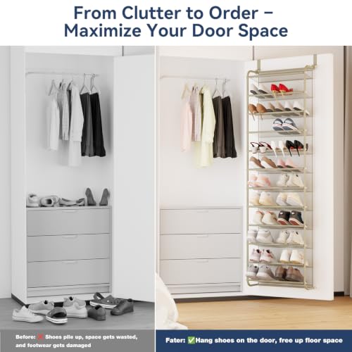 Image of Whitmor 36 Pair Over the Door Shoe Rack,12 Tier Hanging Shoe Organizer with Metal Frame & Mesh Shelves, Heavy Duty Shoe Storage Holder for Door, No Drill Installation, 74 inch H x 21.7 inch W x 7.5 inch D, Oat