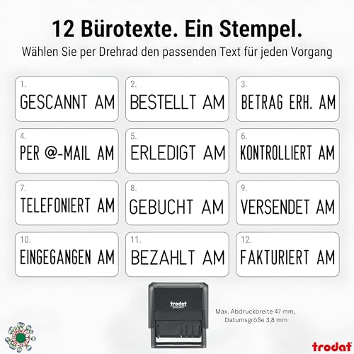 Trodat Printy 4.0 4817 Datumstempel mit Wortband, Deutsch, Schwarz, 12 Office-Texte zum Drehen, Abdruck 47x4 mm, Stempelkissen schwarz, selbstfärbend