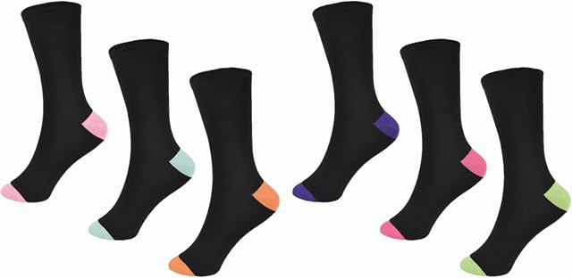 6 Pairs Ladies Black and Multicoloured Ankle Socks - UK 4-7