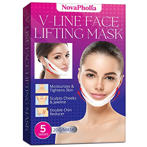 NOVAPHOLIA Double Chin Reducer, Face Lift Chin Mask For Double Chin Eliminator, Face Slimmer V Line Lifting Mask, Chin Strap For Double Chin For Women, 5 Pcs V Shaped Slimming Face Mask Chin Mask Lift