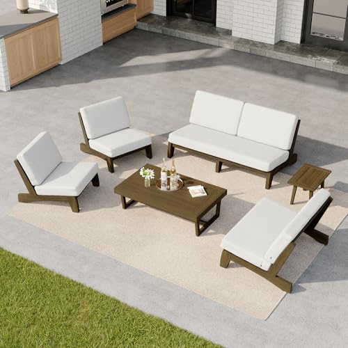 Image of Pia Ricoo 6-Piece Patio Furniture Set, Outdoor Sectional Sofa with Loveseat, 2 Chairs, Coffee Table & Side Table, All-Weather Conversation Set for Backyard /Deck /Lawn - Beige
