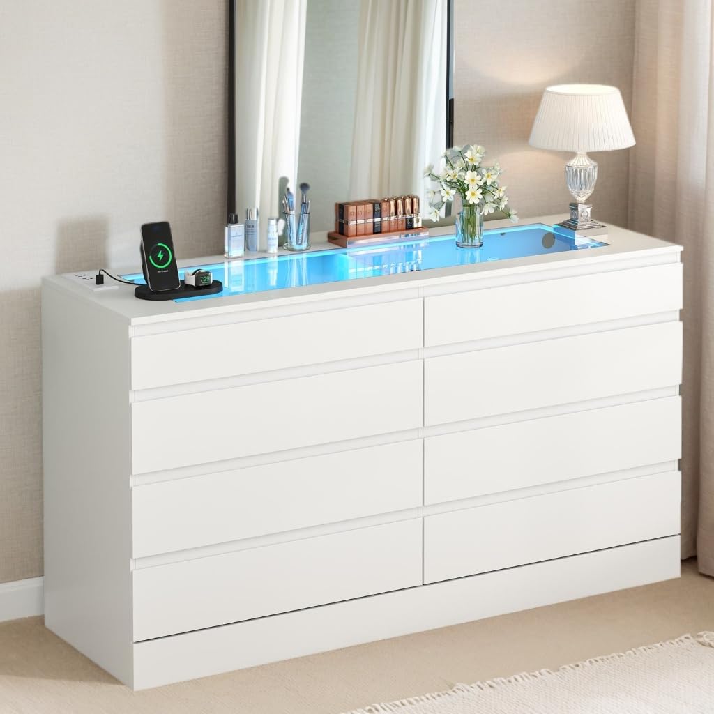 Amazon.com: Gyfimoie 8 Drawer Dresser with Glass Top & Power Outlet, White  Dresser for Bedroom with LED Light, Modern Chest of Drawer Double Wide  Drawers Organizer Cabinet for Bedroom, Living Room (White) :