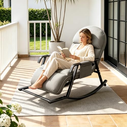 YUODIJIO Silla Mecedora Exterior, Sillon Lactancia Reclinable con Reposabrazos, Reposapiés Ajustable en 3 Posiciones, Respaldo Regulable en 5 Posiciones, para Salón Dormitorio Balcón(Gris)