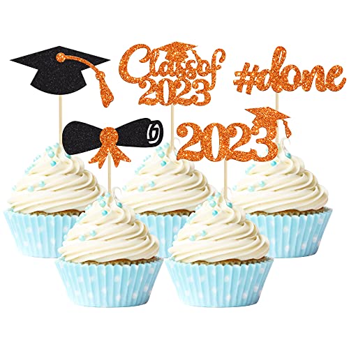 Gyufise 30Pcs 2026 Graduation Cupcake Toppers Orange Glitter Class of 2026 Done Cupcake Picks Grad Cap Diploma Cake Decorations for 2026 Graduation Theme Party Cake Decorations Supplies